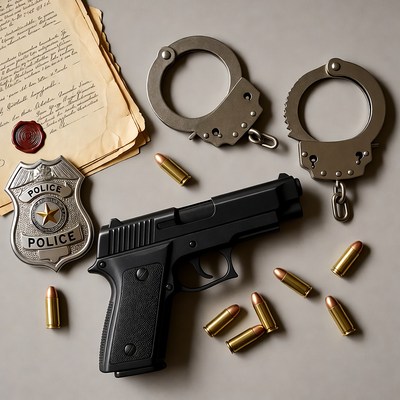 Police Gear with Handcuffs Gun Bullets