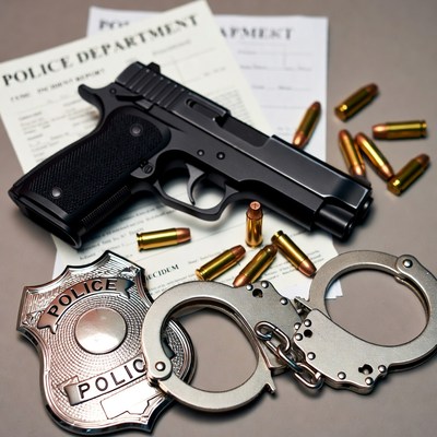 Police Gear with Gun Badge Handcuffs Report