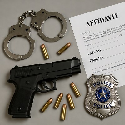 Handcuffs, Gun, Bullets, Police Badge