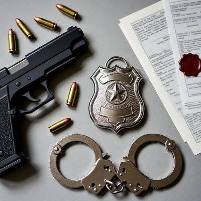 Police Gear with Gun Badge Handcuffs Bullets