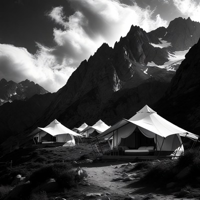White tents in snowy mountains