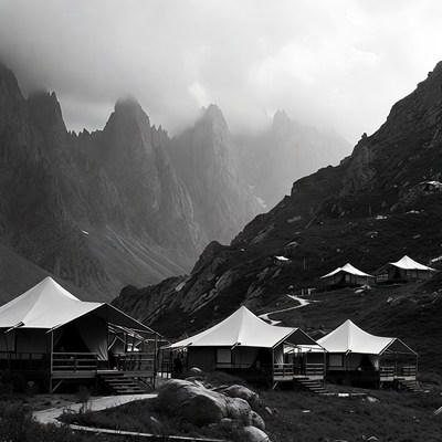 Glamping tents in misty mountains