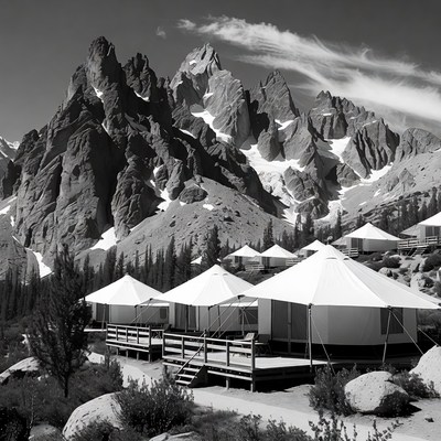 White tents in snowy mountains