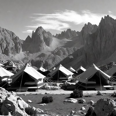 Tents in dramatic mountains