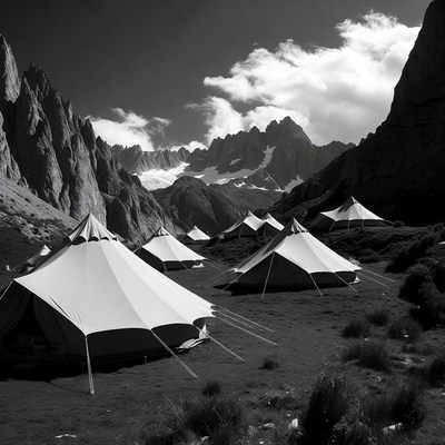 White tents in snowy mountain valley
