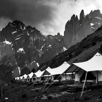 White tents in Patagonia mountains