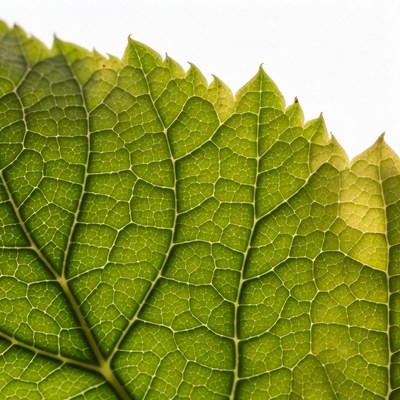 Green Leaf Close-Up on White Background