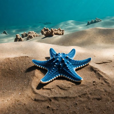 Blue starfish on ocean sand