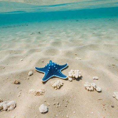 Blue starfish on ocean floor