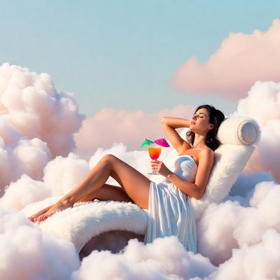 Woman relaxing on clouds with cocktail