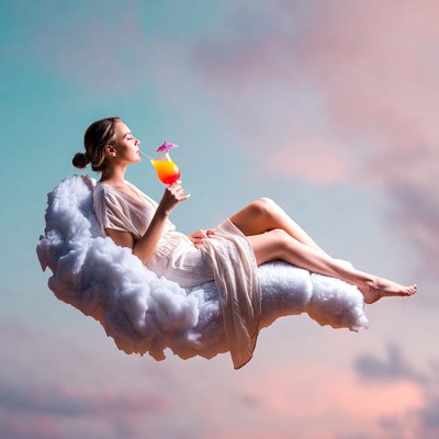 Woman sipping cocktail on floating clouds