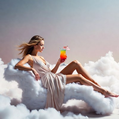 Woman holding cocktail on clouds