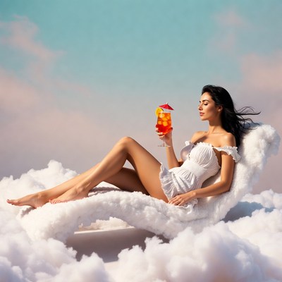 Woman relaxing on clouds with cocktail