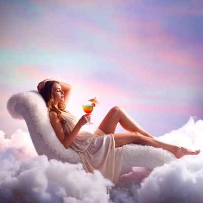 Woman relaxing on clouds with cocktail