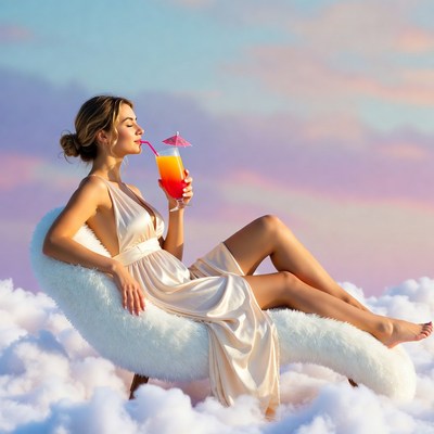 Woman sipping orange cocktail on clouds