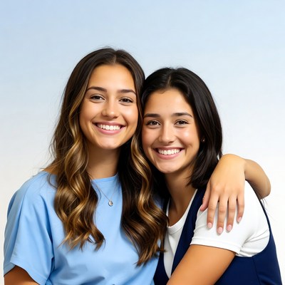 Two smiling young women hugging