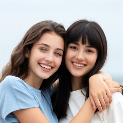 Two smiling young women hugging
