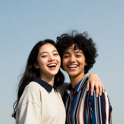 Two Asian girls smiling together