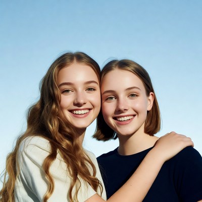 Two smiling teenage girls hugging