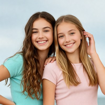 Two smiling teenage girls embracing