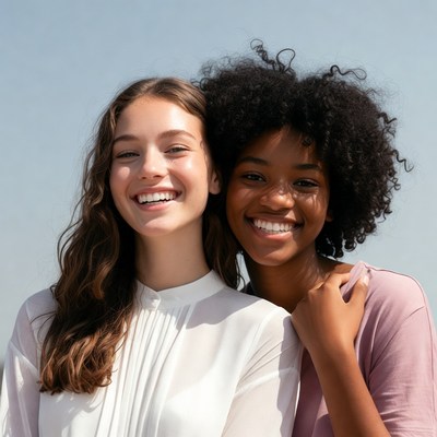 Two Smiling Women Hugging Outdoors