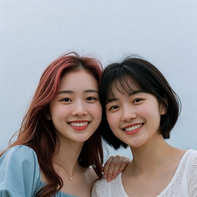 Two smiling Asian women embracing