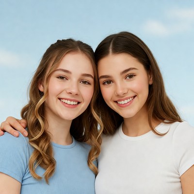 Two smiling teenage girls embracing