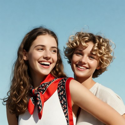 Two smiling teens embracing outdoors