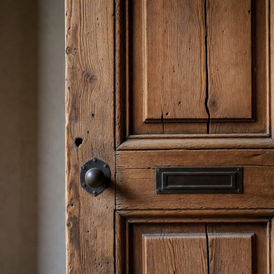 Rustic Wooden Door with Brass Knocker