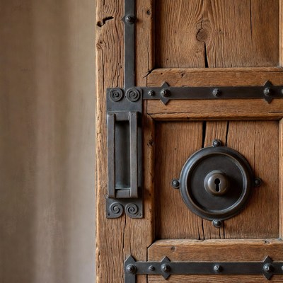 Rustic Wooden Door with Iron Hardware