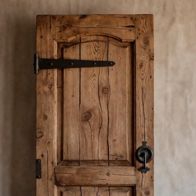 Rustic wooden door with iron hardware