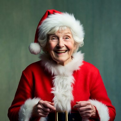 Elderly woman in Santa hat smiling