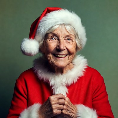 Elderly woman in Santa hat smiling