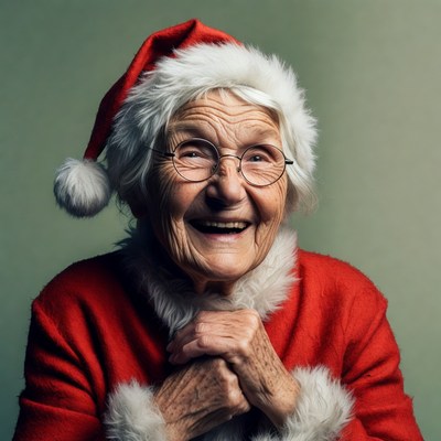 Elderly woman in Santa hat smiling