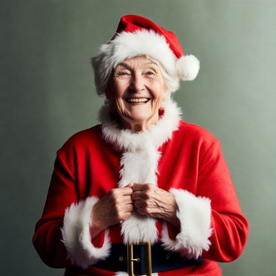 Elderly woman smiling in Santa suit