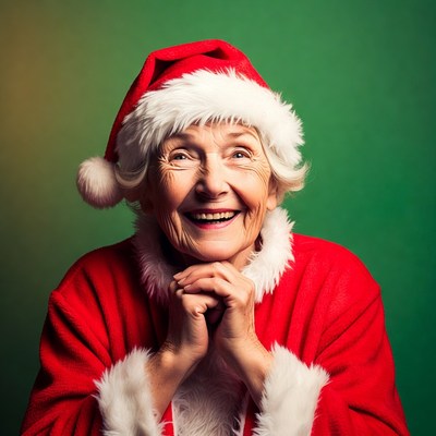 Elderly woman in Santa hat smiling