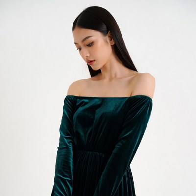Asian woman in green off-shoulder dress