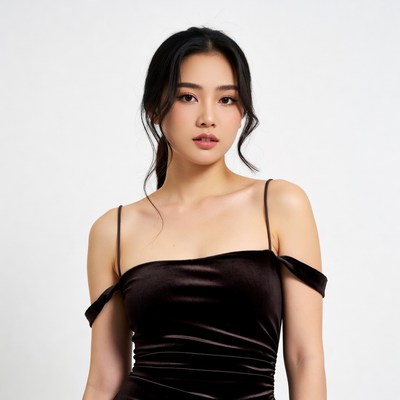 Asian woman in black velvet dress