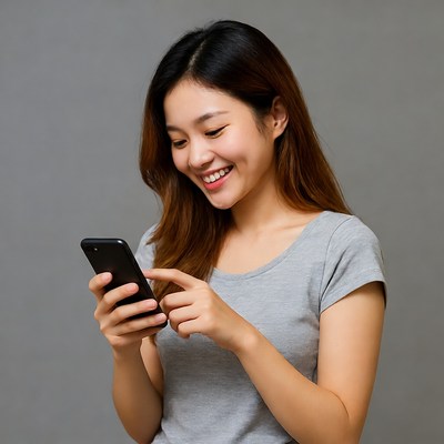 Asian woman smiling at smartphone