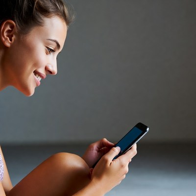 Smiling woman using smartphone