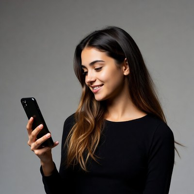 Smiling woman using smartphone