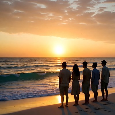 Silhouettes watching sunset on beach