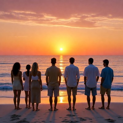 Group watching sunset on beach