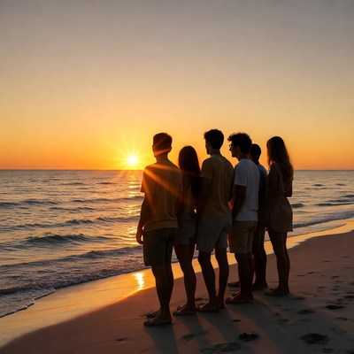 Silhouette group watching sunset beach
