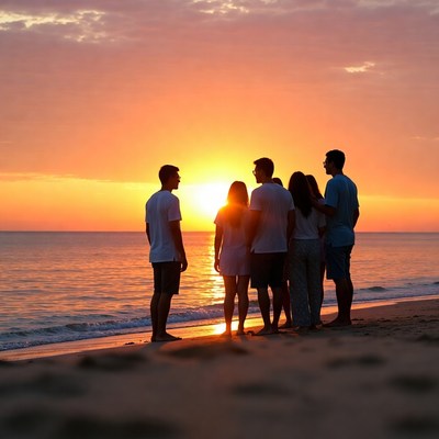 Group watching sunset on beach