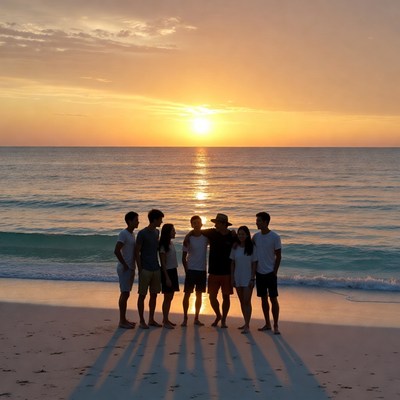 Group of friends at sunset beach