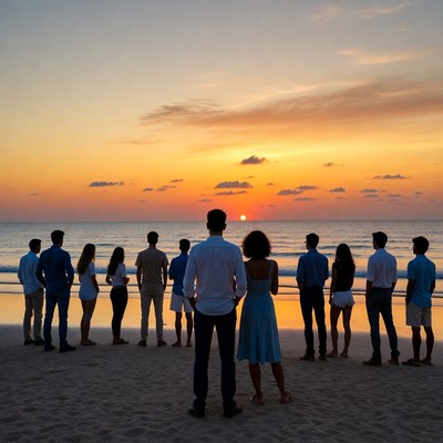 Group watching sunset on beach