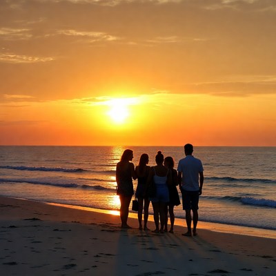 Group watching sunset on beach