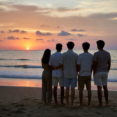 Group watching sunset on beach