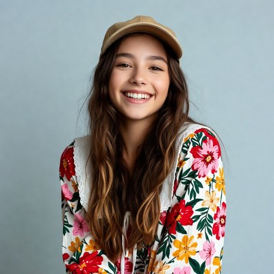 Smiling girl in floral shirt and cap